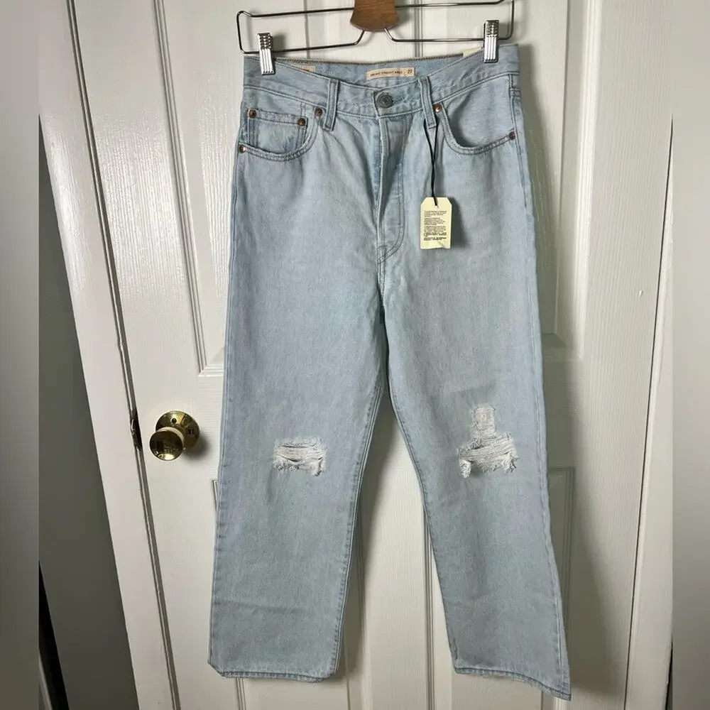 Levi’s Ribcage High Rise Distressed Straight Ankle Blue Jeans Ojai Shore 27